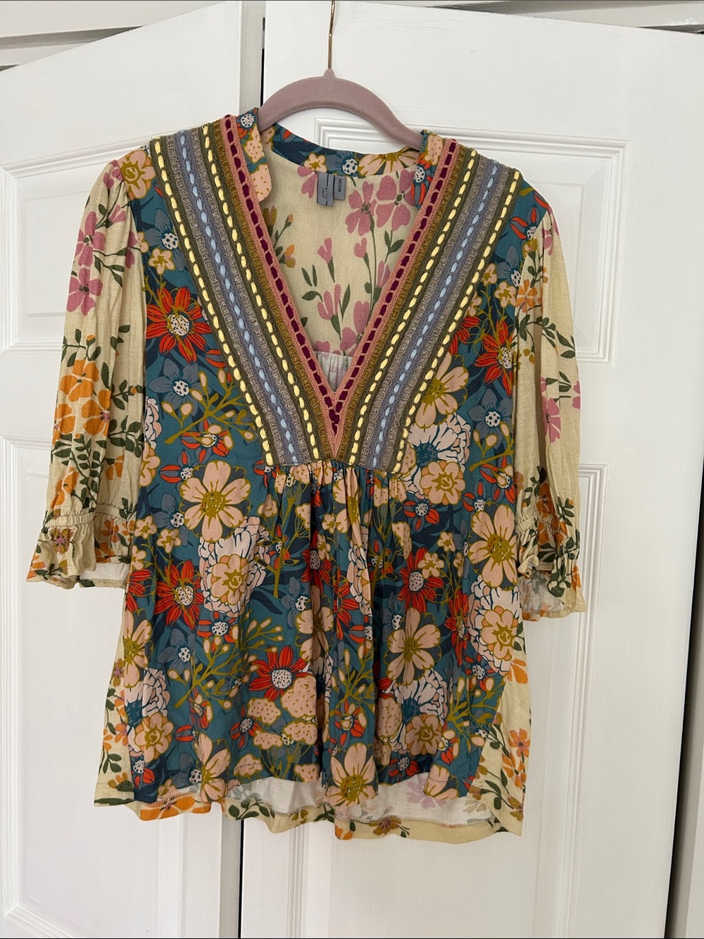 Blank London Boho Floral V-Neck Tunic in Blue and Cream